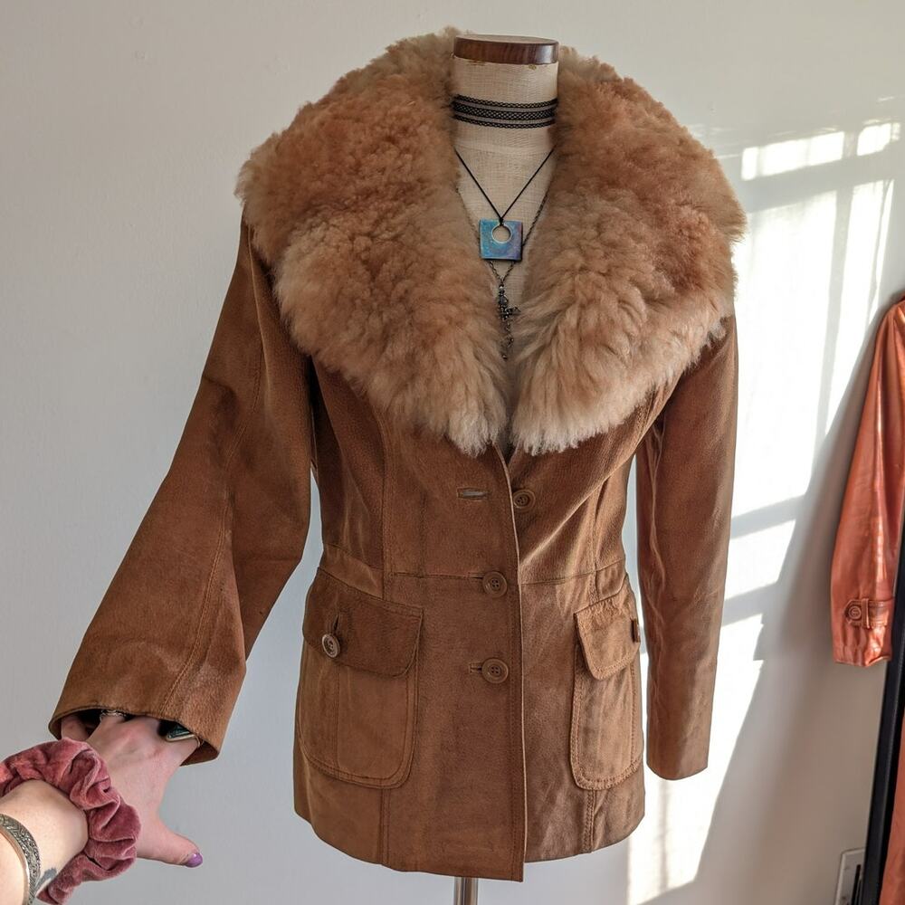 Vintage Brown Leather Coat 70s Suede Penny Lane Jacket Boho Chic Neutral Small - Picture 5 of 10